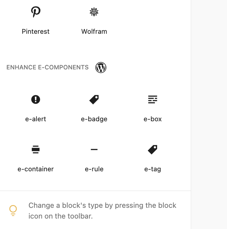 custom gutenburg block menu with enhance element icons