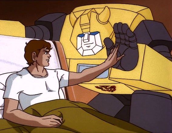 Spike high fiving the Transformer BumbleBee