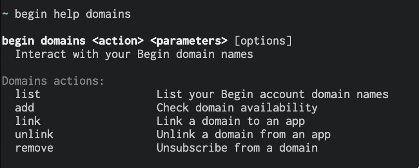 Terminal screenshot of the `begin domains` command help output