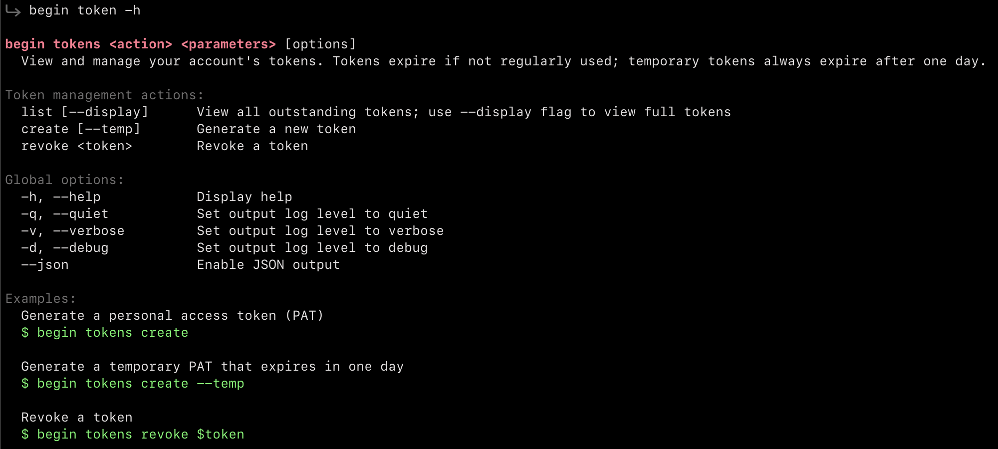 Terminal screenshot of the `begin tokens` command output