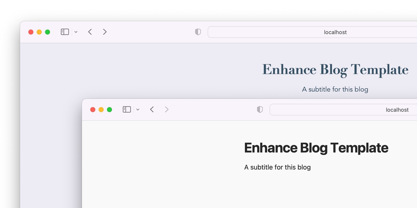 Two layered screenshots showing the original blog template theme and the new minimal theme