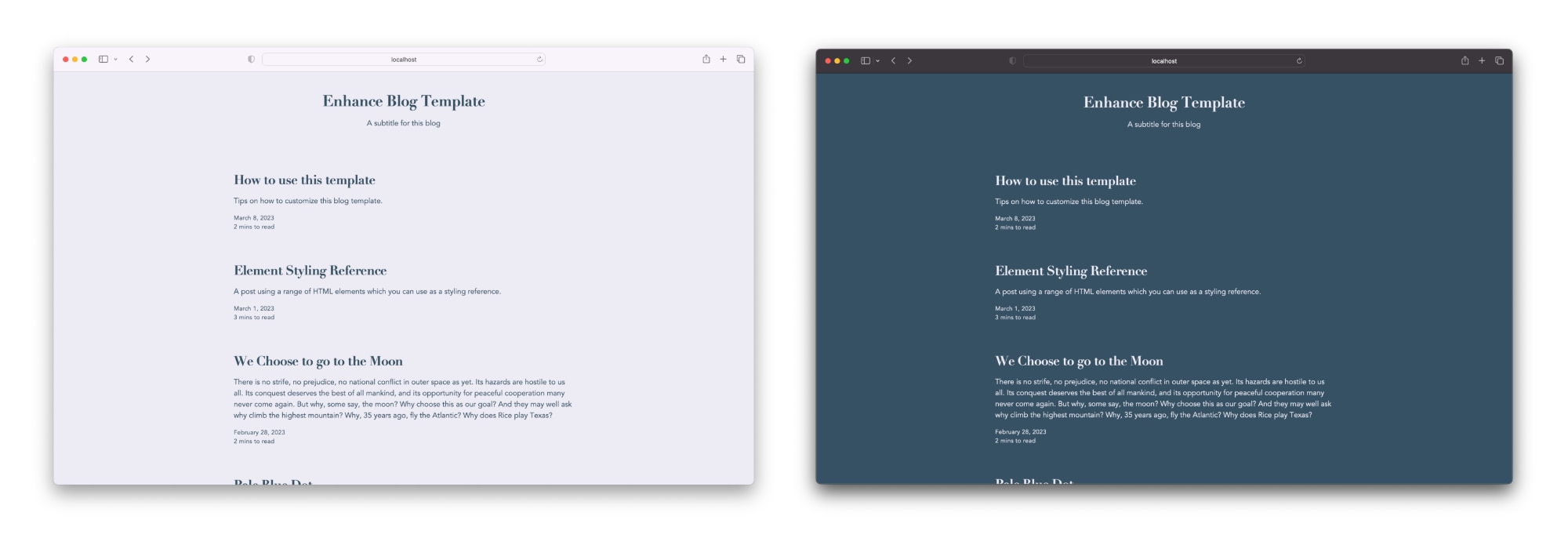 The previous default theme, now called "elegant", featuring a mix of sans serif and serify typography in light and dark variants