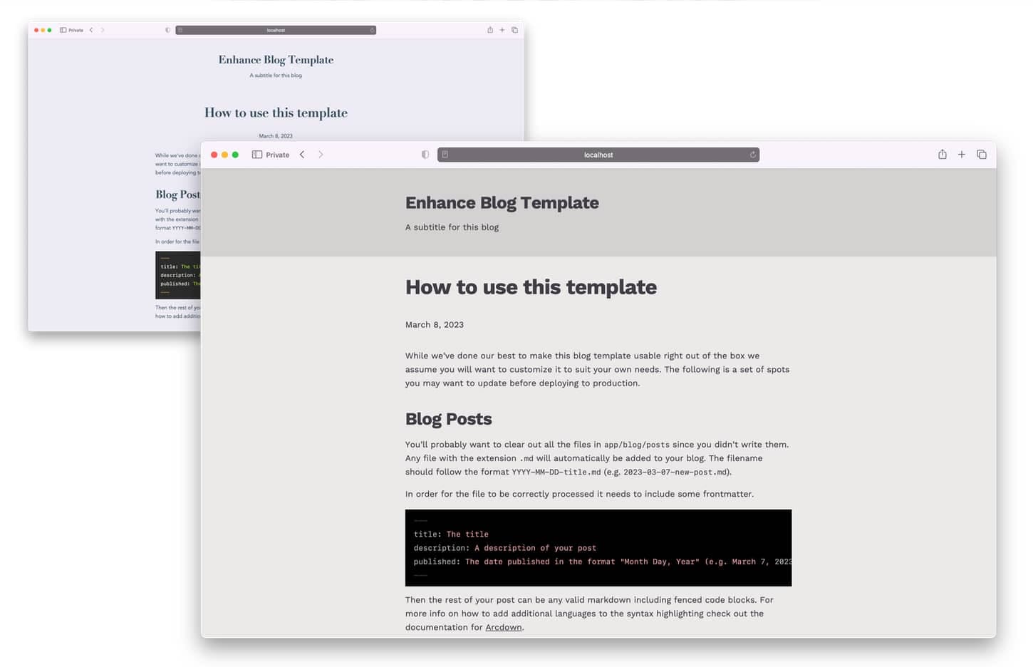 Graphic showing a transition between the default Enhance blog template design and the styles created within this article