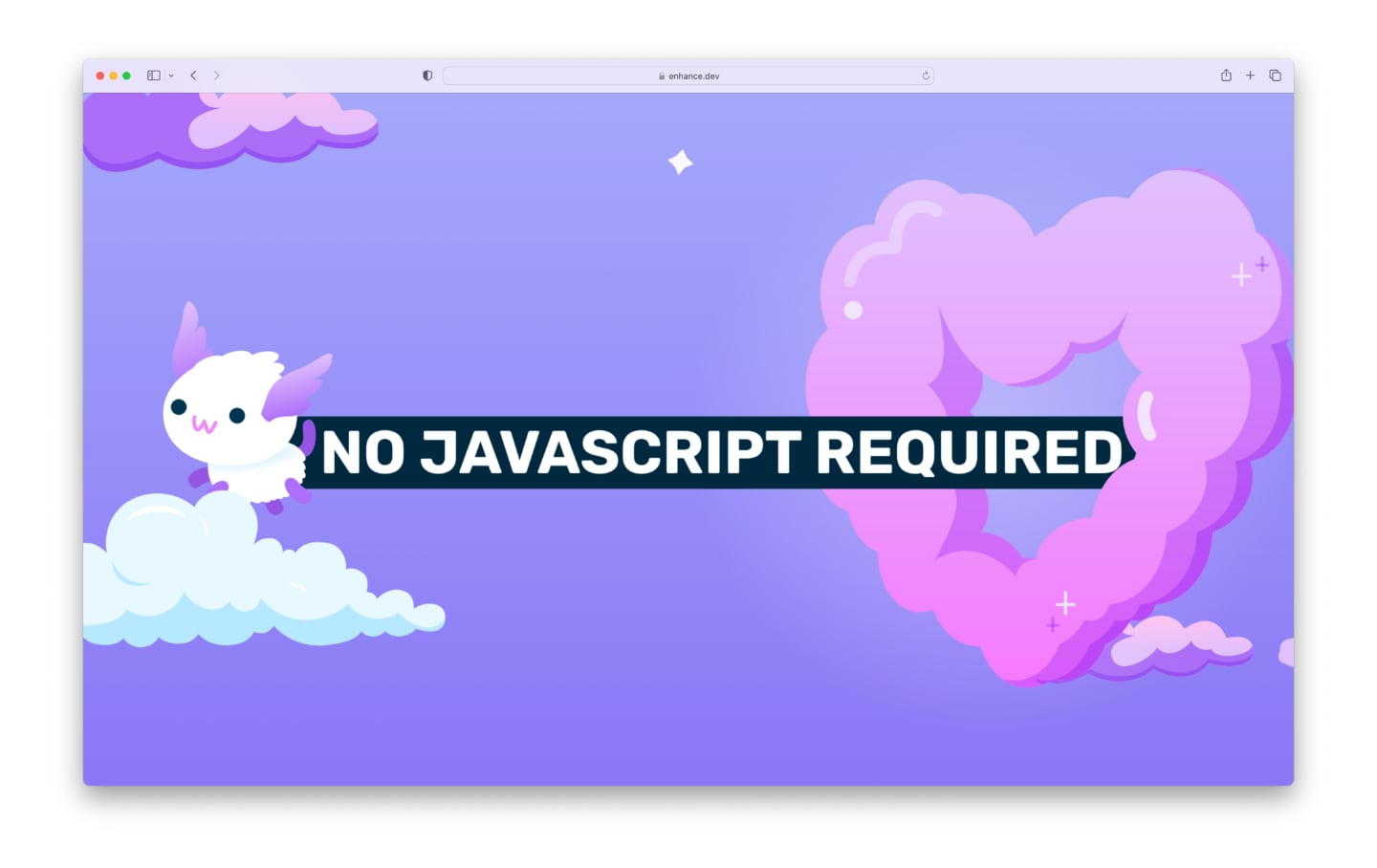 Illustration of Axol flying out from a heart shaped cloud, trailing a banner that reads "No JS required".