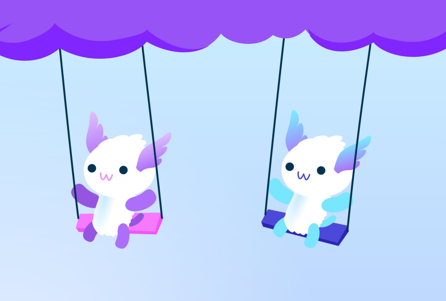 Illustration showing two of our Axol mascots happily swinging from some rope swings descending from some purple clouds.