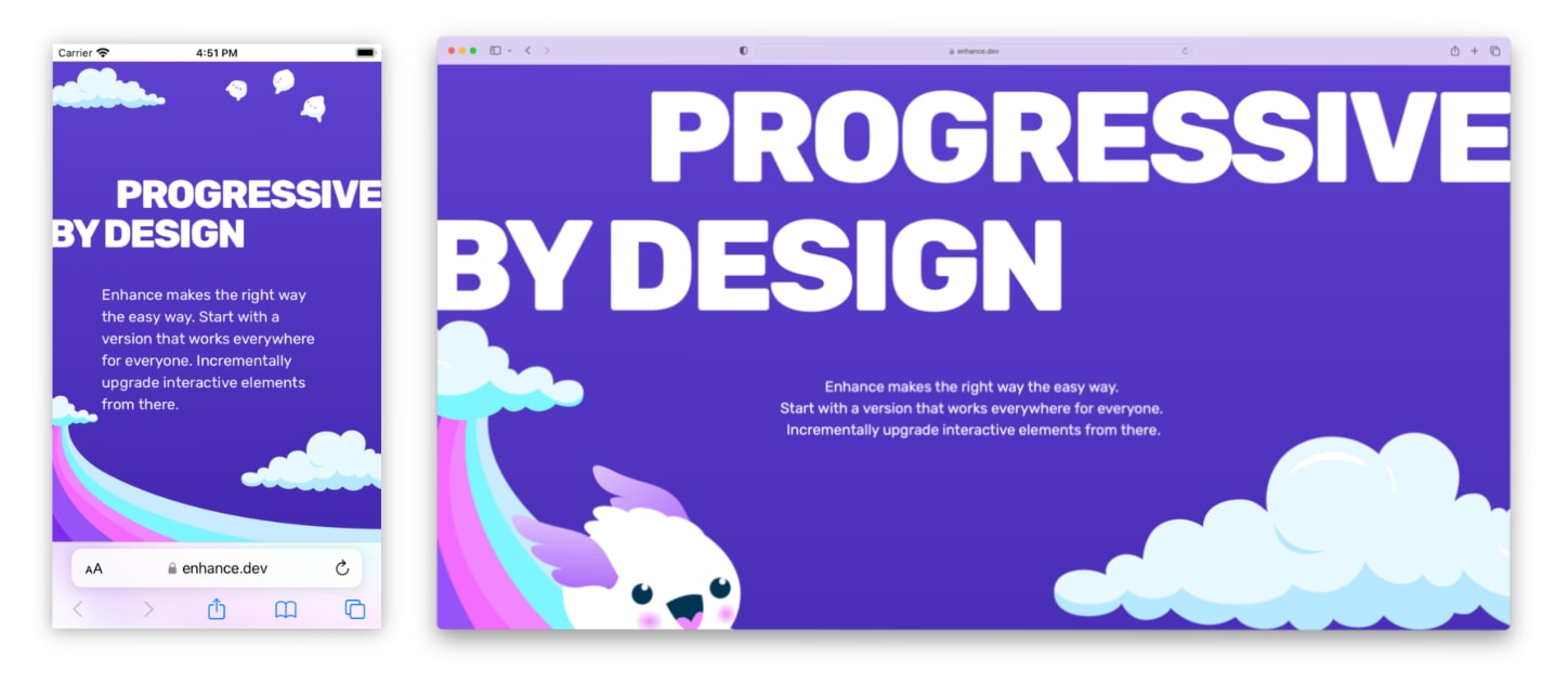 Illustration showing the words "Progressive by design" spanning the full width of our landing page, on both a mobile phone and a large desktop sized web browser
