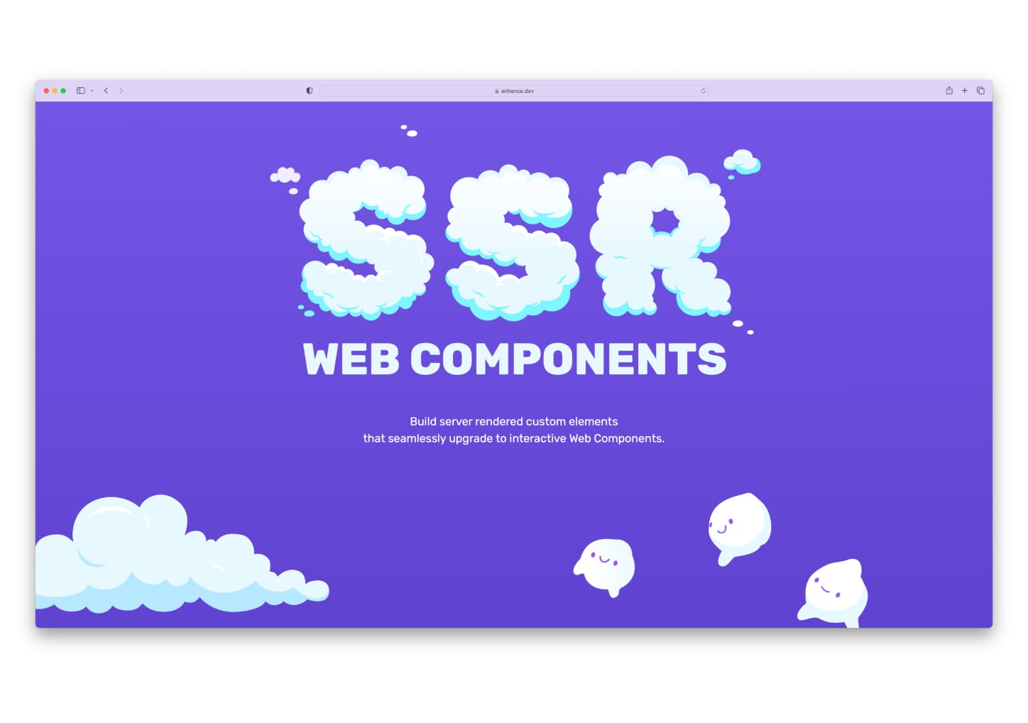 Illustration showing the text "SSR web components". The "SSR" text is rendered with typography that looks like clouds.
