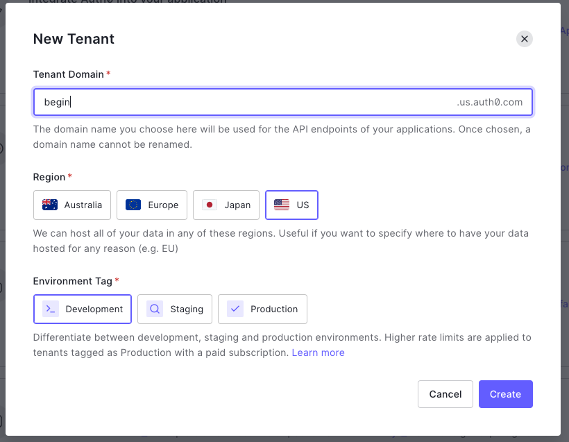 Create tenant from Auth0 dashboard